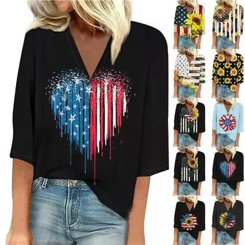 Женская рубашка, блузка, повседневные свободные рубашки, рукава 3/4, топы с v-образным вырезом и принтом, топы с принтом, футболки, футболки L жёлтый