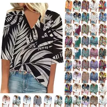 Женская рубашка, блузка, повседневные свободные рубашки, рукава 3/4, топы с v-образным вырезом и принтом, топы с принтом, футболки, футболки XXXL