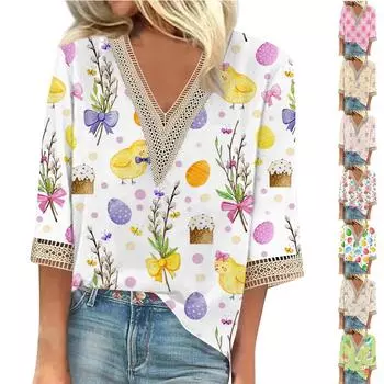 Женская рубашка, блузка, повседневные свободные рубашки, рукава 3/4, кружевные топы с v-образным вырезом и принтом, топы с принтом, футболки, футболки L бежевый