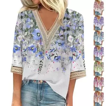 Женская рубашка, блузка, повседневные свободные рубашки, рукава 3/4, кружевные топы с v-образным вырезом и принтом, топы с принтом, футболки, футболки L синий