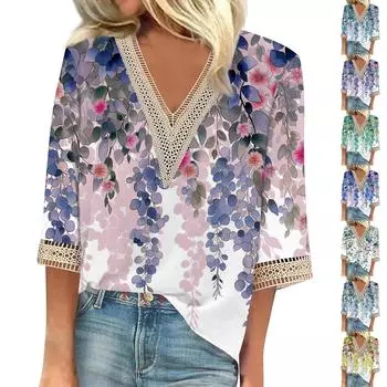 Женская рубашка, блузка, повседневные свободные рубашки, рукава 3/4, кружевные топы с v-образным вырезом и принтом, топы с принтом, футболки, футболки L синий