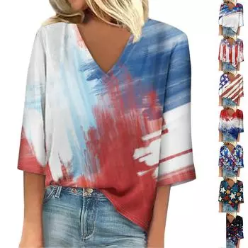 Женская рубашка, блузка, повседневные свободные рубашки, рукава 3/4, топы с v-образным вырезом и принтом, топы с принтом, футболки, футболки L чёрный