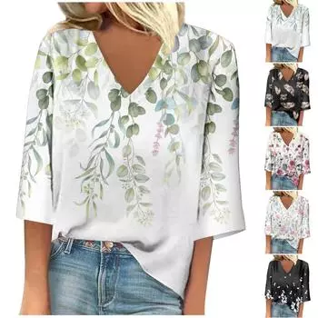 Женская рубашка, блузка, повседневные свободные рубашки, рукава 3/4, топы с v-образным вырезом и принтом, топы с принтом, футболки, футболки XXL чёрный