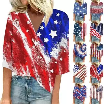 Женская рубашка, блузка, повседневные свободные рубашки, рукава 3/4, топы с v-образным вырезом и принтом, топы с принтом, футболки, футболки XXL тёмно-синий