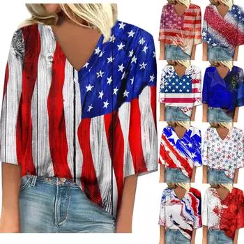 Женская рубашка, блузка, повседневные свободные рубашки, рукава 3/4, топы с принтом ко Дню независимости, топы с v-образным вырезом, топы с принтом, футболки, футболки L синий