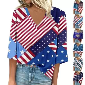 Женская рубашка, блузка, повседневные свободные рубашки, рукава 3/4, топы с v-образным вырезом и принтом, топы с принтом, футболки, футболки L синий