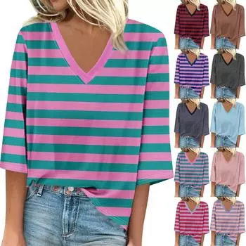 Женская рубашка, блузка, повседневные свободные рубашки, рукава 3/4, топы с v-образным вырезом и принтом, топы с принтом, футболки, футболки XXL фиолетовый