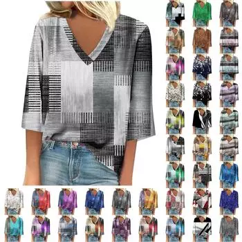 Женская рубашка, блузка, повседневные свободные рубашки, рукава 3/4, топы с v-образным вырезом и принтом, топы с принтом, футболки, футболки XL зелёный