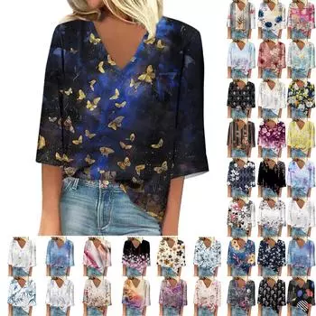 Женская рубашка, блузка, повседневные свободные рубашки, рукава 3/4, топы с v-образным вырезом и принтом, топы с принтом, футболки, футболки XXL