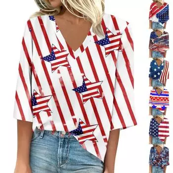 Женская рубашка, блузка, повседневные свободные рубашки, рукава 3/4, топы с v-образным вырезом и принтом, топы с принтом, футболки, футболки L синий