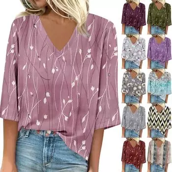 Женская рубашка, блузка, повседневные свободные рубашки, рукава 3/4, топы с v-образным вырезом и принтом, топы с принтом, футболки, футболки M хаки