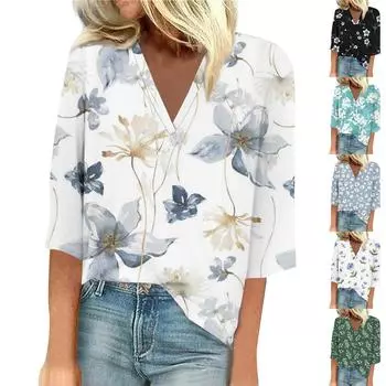 Женская рубашка, блузка, повседневные свободные рубашки, рукава 3/4, топы с v-образным вырезом и принтом, топы с принтом, футболки, футболки S чёрный