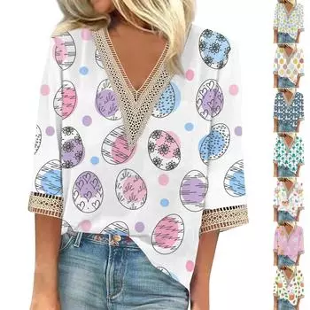 Женская рубашка, блузка, повседневные свободные рубашки, рукава 3/4, кружевные топы с v-образным вырезом и принтом, топы с принтом, футболки, футболки M