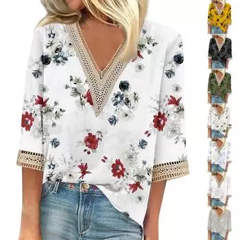 Женская рубашка, блузка, повседневные свободные рубашки, рукава 3/4, кружевные топы с v-образным вырезом и принтом, топы с принтом, футболки, футболки M чёрный