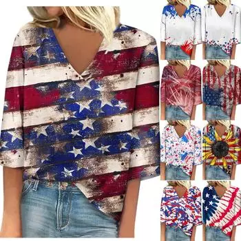 Женская рубашка, блузка, повседневные свободные рубашки, рукава 3/4, топы с принтом ко Дню независимости, топы с v-образным вырезом, топы с принтом, футболки, футболки L синий