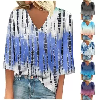 Женская рубашка, блузка, повседневные свободные рубашки, рукава 3/4, топы с v-образным вырезом и принтом, топы с принтом, футболки, футболки XXL