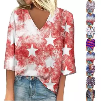 Женская рубашка, блузка, повседневные свободные рубашки, рукава 3/4, топы с v-образным вырезом и принтом, топы с принтом, футболки, футболки L чёрный