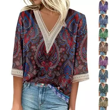 Женская рубашка, блузка, повседневные свободные рубашки, рукава 3/4, кружевные топы с v-образным вырезом и принтом, топы с принтом, футболки, футболки S