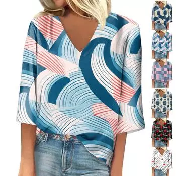 Женская рубашка, блузка, повседневные свободные рубашки, рукава 3/4, топы с v-образным вырезом и принтом, топы с принтом, футболки, футболки XXXL бежевый