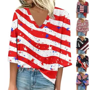 Женская рубашка, блузка, повседневные свободные рубашки, рукава 3/4, топы с v-образным вырезом и принтом, топы с принтом, футболки, футболки L чёрный