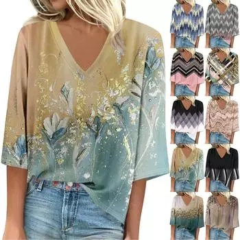 Женская рубашка, блузка, повседневные свободные рубашки, рукава 3/4, топы с v-образным вырезом и принтом, топы с принтом, футболки, футболки XXXL синий