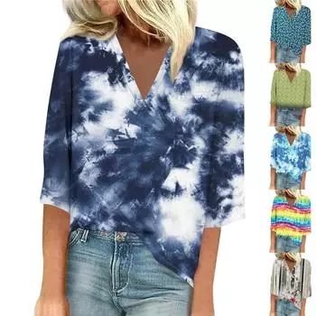 Женская рубашка, блузка, повседневные свободные рубашки, рукава 3/4, топы с v-образным вырезом и принтом, топы с принтом, футболки, футболки XL коричневый