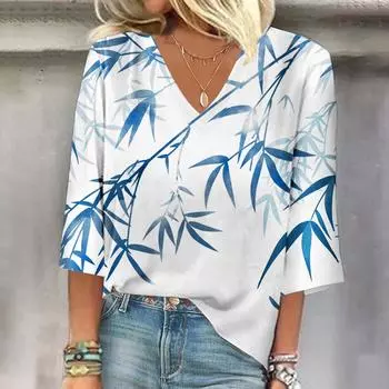 Женская рубашка, блузка, повседневные свободные рубашки, рукава 3/4, топы с v-образным вырезом и принтом, топы с принтом, футболки, футболки XL