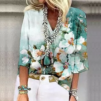 Женская рубашка, блузка, повседневные свободные рубашки, рукава 3/4, топы с v-образным вырезом и принтом, топы с принтом, футболки, футболки S синий