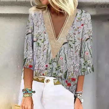 Женская рубашка-блузка Повседневные свободные рубашки с рукавами 3/4 и кружевной отделкой Топы с v-образным вырезом и принтом Топы с принтом Футболки Футболки S серый