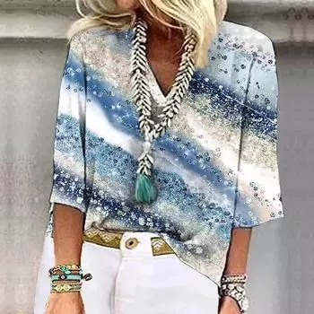 Женская рубашка-блузка повседневные свободные рубашки с рукавом 3/4 и принтом с V-образным вырезом Топы Футболки Футболка L синий