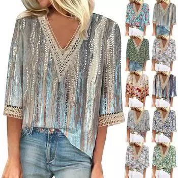 Женская рубашка-блузка Повседневные свободные рубашки с рукавами 3/4 и кружевной отделкой Топы с v-образным вырезом и принтом Топы с принтом Футболки Футболки S серый