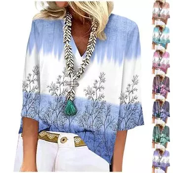 Женская рубашка-блузка повседневные свободные рубашки с рукавом 3/4 и принтом с V-образным вырезом Топы Футболки Футболка
