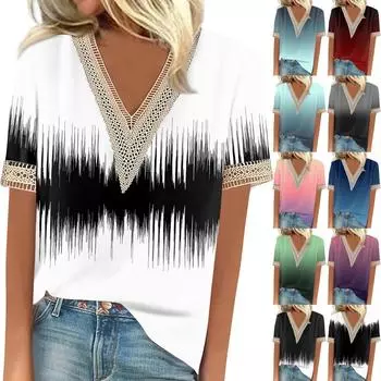 Женская рубашка, блузка, повседневные свободные рубашки с короткими рукавами и кружевной отделкой, топы с v-образным вырезом и принтом, топы с принтом, футболки, футболки L чёрный