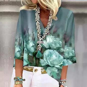 Женская рубашка Блузка Повседневные свободные рубашки Рукав 3/4 Принт V-образный вырез Топы Футболки Футболка S зелёный