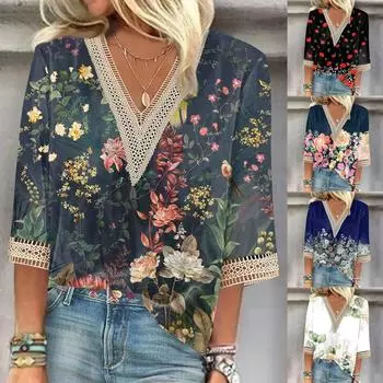 Женская рубашка-блузка Повседневные свободные рубашки с рукавами 3/4 и кружевной отделкой Топы с v-образным вырезом и принтом Топы с принтом Футболки Футболки L