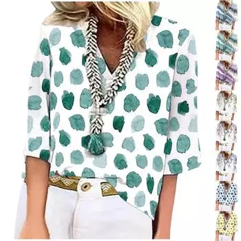 Женская рубашка-блузка повседневные свободные рубашки с рукавом 3/4 и принтом с V-образным вырезом Топы Футболки Футболка