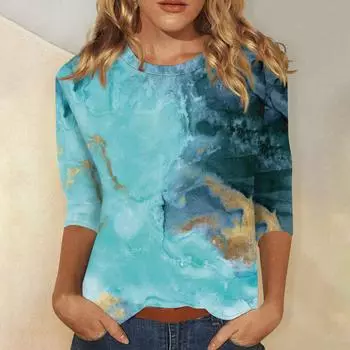 Женская рубашка-блузка Повседневные свободные рубашки с рукавом 3/4 с принтом Повседневные топы с круглым вырезом Топы с принтом Футболки Футболка