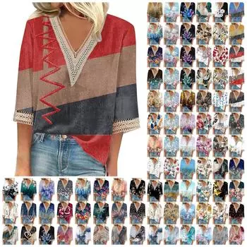 Женская рубашка-блузка Повседневные свободные рубашки с рукавами 3/4 и кружевной отделкой Топы с v-образным вырезом и принтом Топы с принтом Футболки Футболки L синий