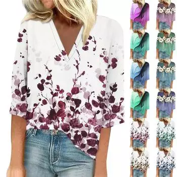 Женская рубашка-блузка повседневные свободные рубашки с рукавом 3/4 и принтом с V-образным вырезом Топы Футболки Футболка L синий