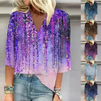 Женская рубашка-блузка Повседневные свободные рубашки с рукавом 3/4 и принтом Топы с V-образным вырезом Топы с принтом Футболки XXXL