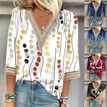 Женская рубашка-блузка Повседневные свободные рубашки с рукавами 3/4 и кружевной отделкой Топы с v-образным вырезом и принтом Топы с принтом Футболки Футболки S коричневый
