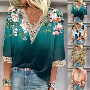 Женская рубашка-блузка Повседневные свободные рубашки с рукавами 3/4 и кружевной отделкой Топы с v-образным вырезом и принтом Топы с принтом Футболки Футболки M хаки