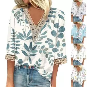 Женская рубашка-блузка Повседневные свободные рубашки с рукавами 3/4 и кружевной отделкой Топы с v-образным вырезом и принтом Топы с принтом Футболки Футболки S розовый