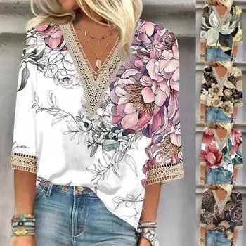 Женская рубашка-блузка Повседневные свободные рубашки с рукавами 3/4 и кружевной отделкой Топы с V-образным вырезом и принтом Топы с принтом Футболки M розовый