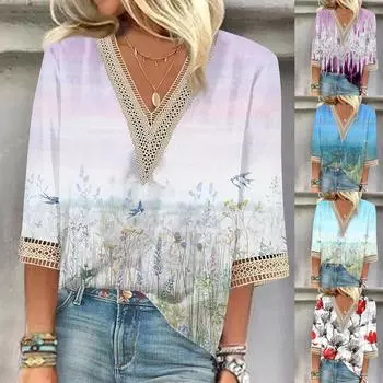 Женская рубашка-блузка Повседневные свободные рубашки с рукавами 3/4 и кружевной отделкой Топы с v-образным вырезом и принтом Топы с принтом Футболки Футболки S