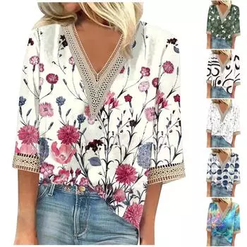 Женская рубашка-блузка Повседневные свободные рубашки с рукавами 3/4 и кружевной отделкой Топы с v-образным вырезом и принтом Топы с принтом Футболки Футболки XXXL белый