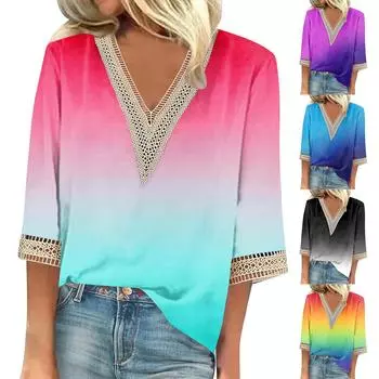 Женская рубашка-блузка Повседневные свободные рубашки с рукавами 3/4 и кружевной отделкой Топы с v-образным вырезом и принтом Топы с принтом Футболки Футболки L чёрный