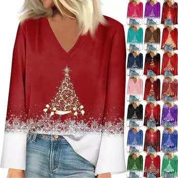 Женская рубашка, блузка, повседневные свободные рубашки с длинным рукавом, рождественский принт, топы с v-образным вырезом, топы с принтом, футболки, футболки XXL