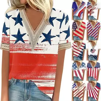 Женская рубашка-блузка, повседневные свободные рубашки с коротким рукавом и кружевной отделкой, топы с v-образным вырезом и принтом Дня независимости, топы с принтом, футболки XL красный