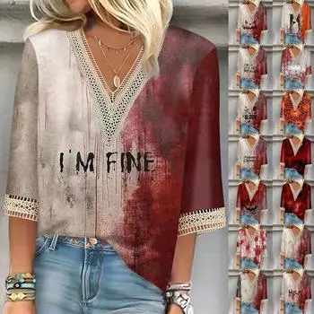 Женская рубашка-блузка Повседневные свободные рубашки с рукавами 3/4 и кружевной отделкой Топы с v-образным вырезом и принтом Топы с принтом Футболки Футболки XL